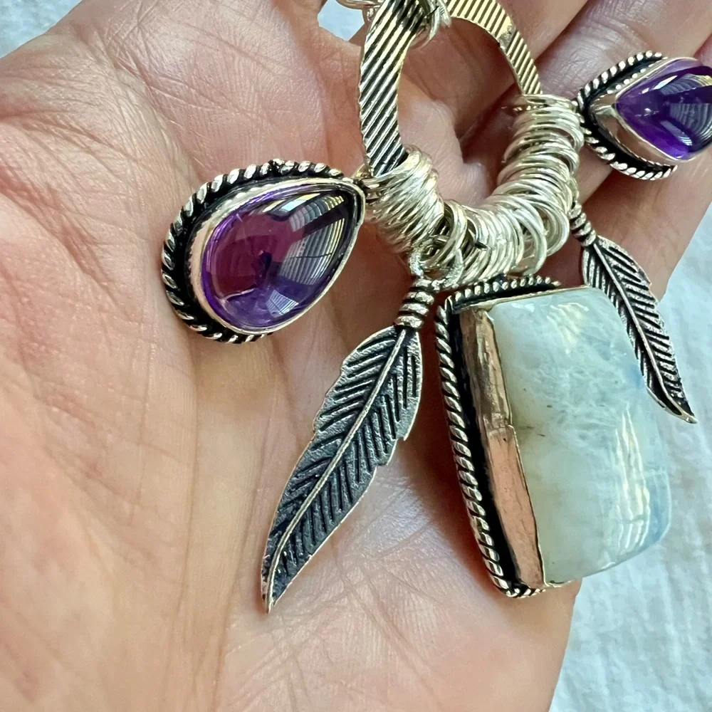 925 WOW WOW!! Amazing! Rainbow Flash Moonstone + Amethyst Feather Necklace - Picture 7 of 10